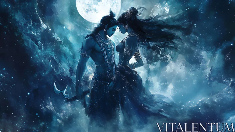 Celestial Deities Intertwined: Luminescent Moon-Lit Embrace Among Cosmic Nebulae