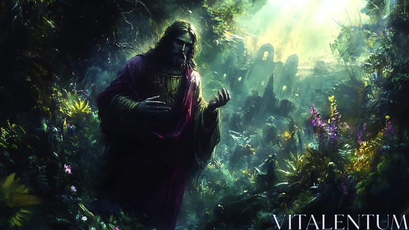 Mystic robed figure walking through luminous ruin forest.