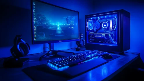 Desktop gaming workstation with blue LED lighting setup.