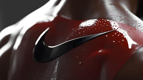 Close-up of Nike Logo on Wet Red Sportswear, Modern Style.
