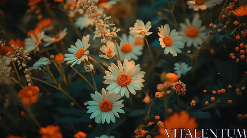 Warm-toned daisies with cool background: macro botanical study.