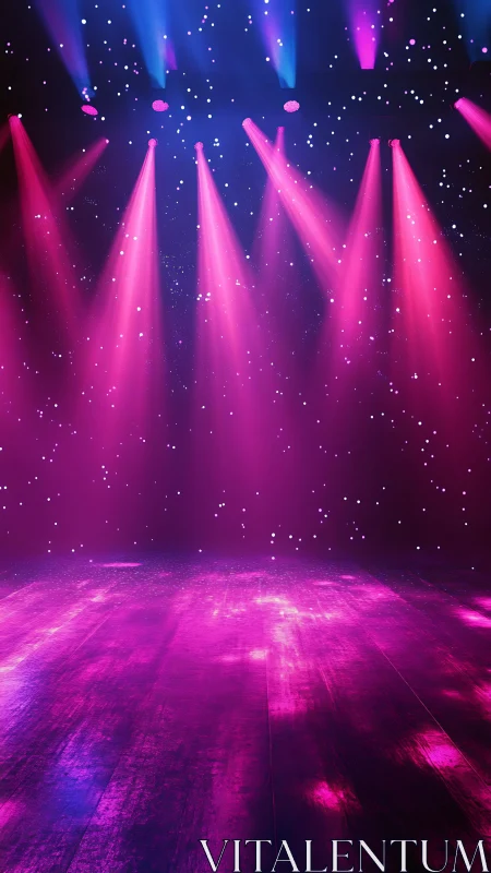 Stage floor glows under pink and blue concert spotlights.