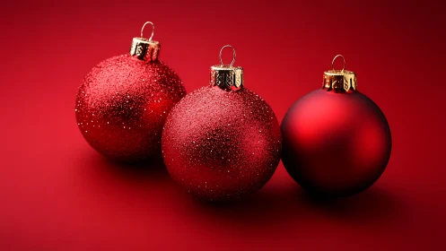 Red Christmas baubles on solid red background. Period.