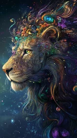 Majestic cosmic lion crowned in swirling rainbow starlight.
