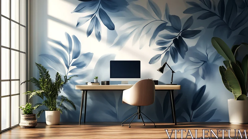 Modern home workspace with blue botanical mural wall.
