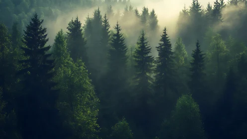 Stratified coniferous forest with volumetric fog penetration.