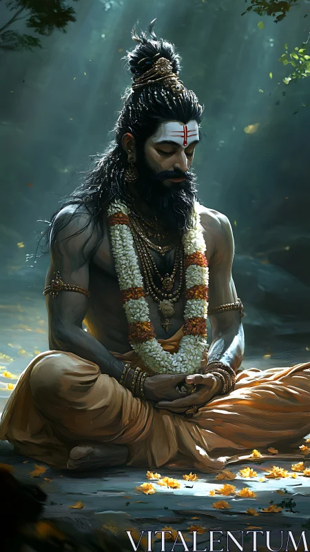 Meditating sage in forest light with garlands and beads.