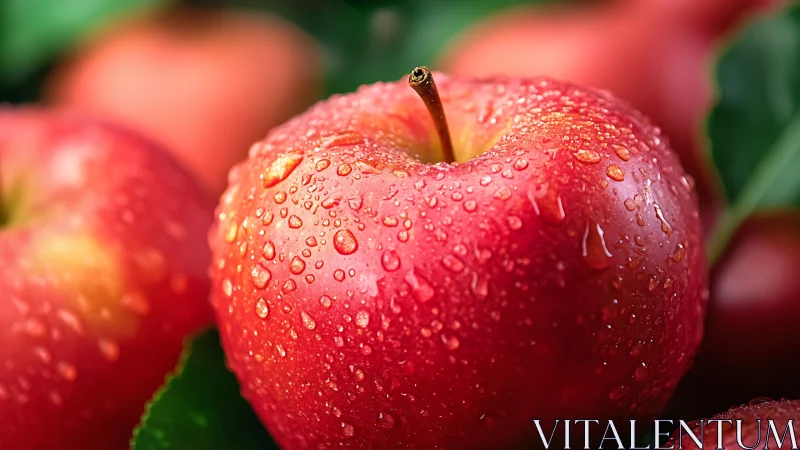 Glowing red apple glistens with fresh morning dew drops