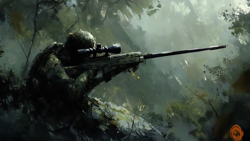Shrouded Sharpshooter: Verdant Vigil in Misty Wilderness.