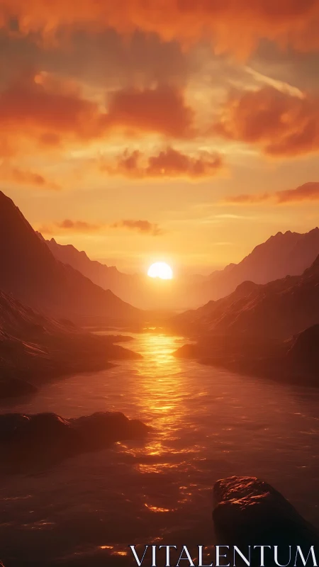 Sunset over river between dark mountain silhouettes.