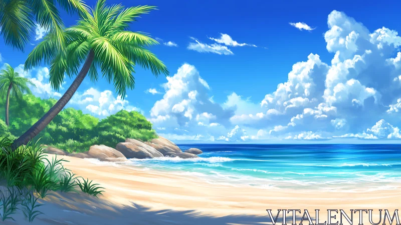 Digitally rendered tropical beach scene with palm tree, rocky outcrops and cumulus cloud formations