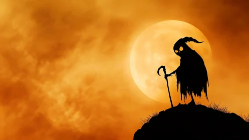 Silhouetted cloaked wraith on hilltop against harvest supermoon