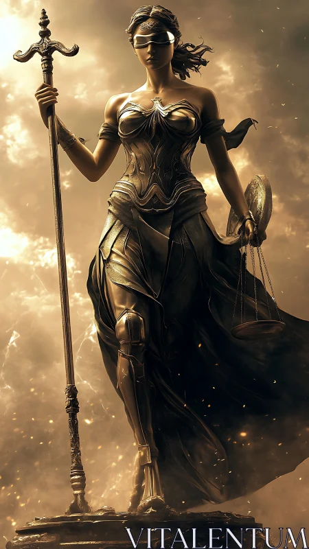 Radiant armored justice strides forward through golden storm