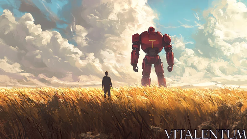 Storm-tall robot waits as lone wanderer crosses golden field