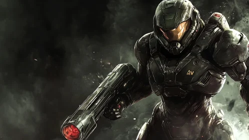 Armored space soldier advancing through smoky battlefield.