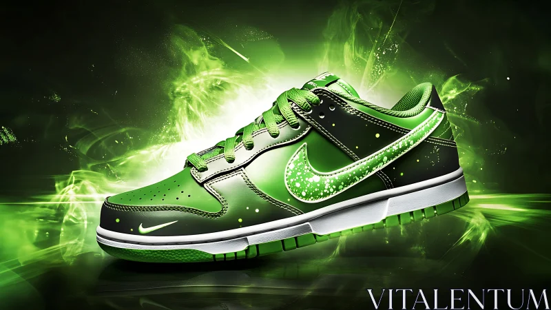 Photorealistic neon green sneaker with dynamic energy backdrop.