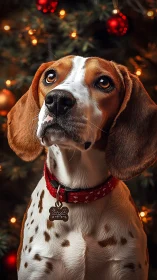 Beagle dog in red collar under warm Christmas lights.