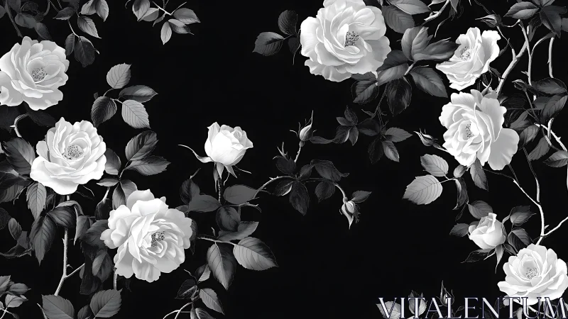 Monochromatic Rose Garden Study: White Blooms Against Deep Black.