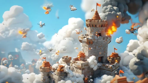 Stylized stone fortress under dynamic aerial siege in clouds.