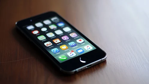 iPhone with application icons on wooden surface.