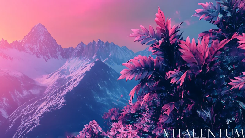 Neon blossoms kiss snowcapped peaks in dreamlit mountain hush.