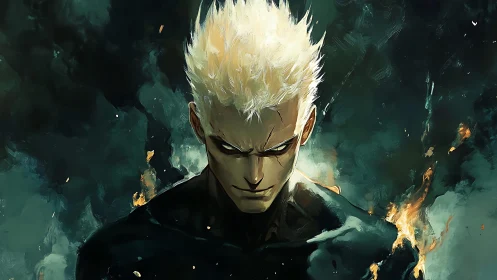 White haired male figure in dark abstract fiery background.