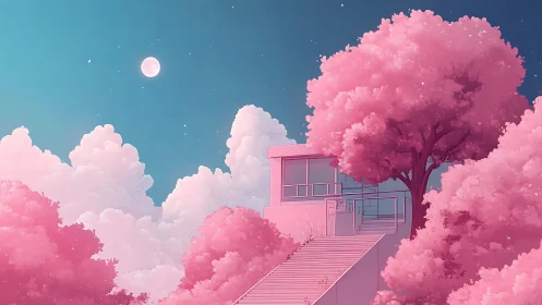 Lunar-lit modern terrace amid cotton-candy chromatic canopy.