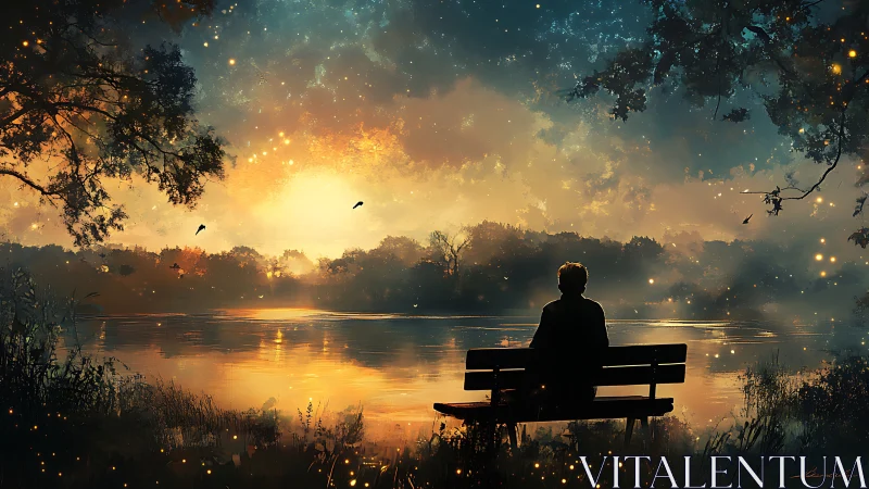 Solitary observer on lakeside bench in luminous dusk atmosphere.