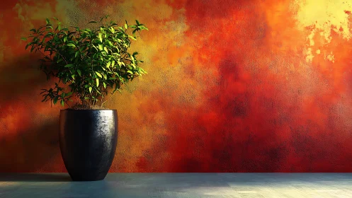 Potted green rebel against a blazing sunset wall backdrop.