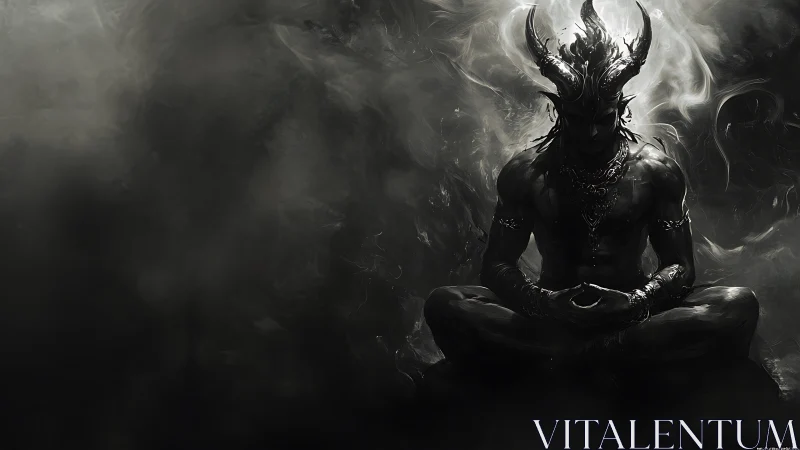 Horned demonic yogi in meditative lotus, monochrome smoke field