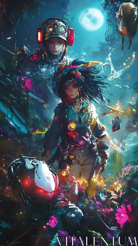 Cyber explorers move through neon jungle under full moon.