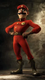 Heroic mustached worker in stylized red jumpsuit, 3D render