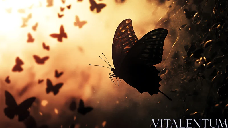 Silhouetted butterfly swarm crossing a glowing sunset sky.