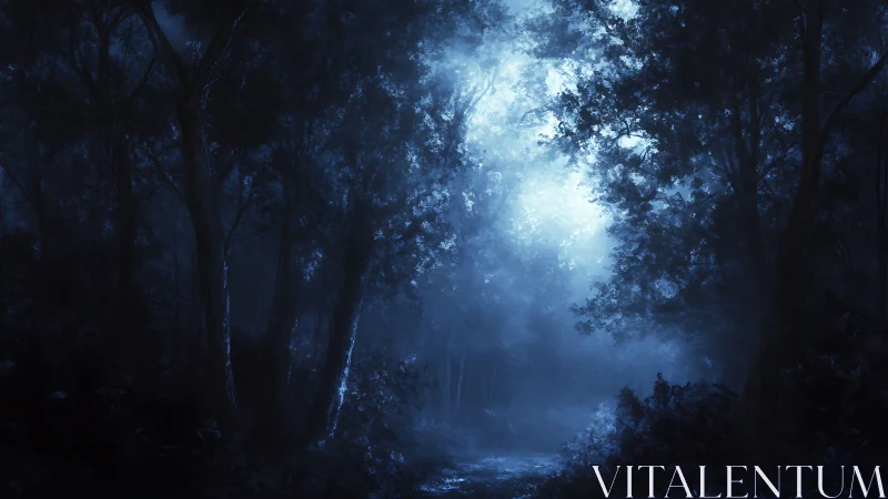 Moonlit Forest Path Through Ancient Trees.
