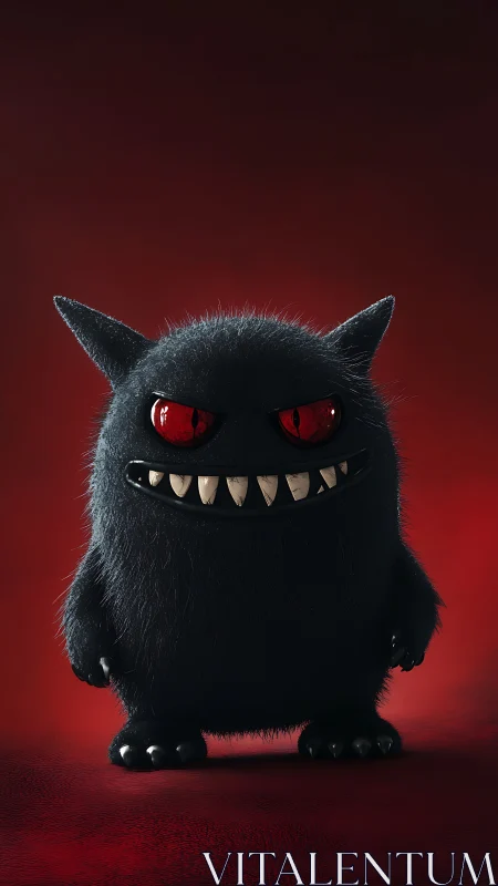 Furry black monster with red eyes on cinematic red backdrop.