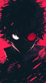 Shadow hacker with twin neon eyes stalking the crimson void.