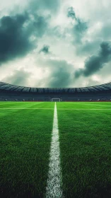 Storm-brooding soccer pitch and lone goal awaiting kickoff.