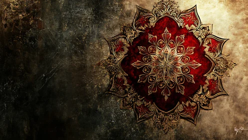 Intricate red and gold mandala on textured grunge wall.