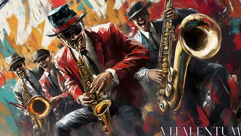 Four jazz saxophonists perform in expressive painted style