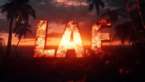 Glowing LAF letters on tropical shoreline at sunset.