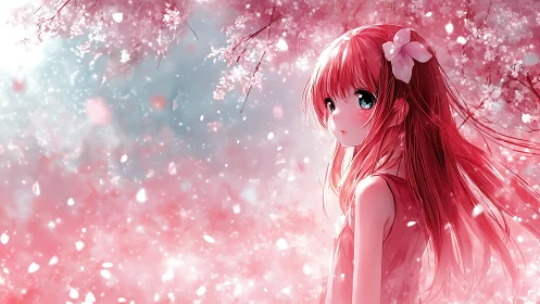 Blossom-kissed anime girl beneath a drifting petal sky.