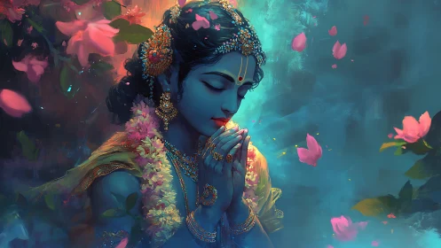 Blue-skinned figure with folded hands stands amid falling petals