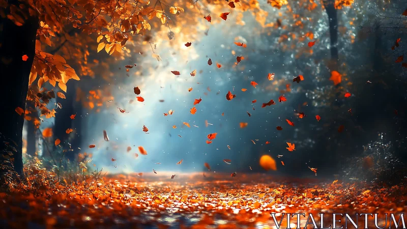 Autumn forest path with windblown leaves in warm light.