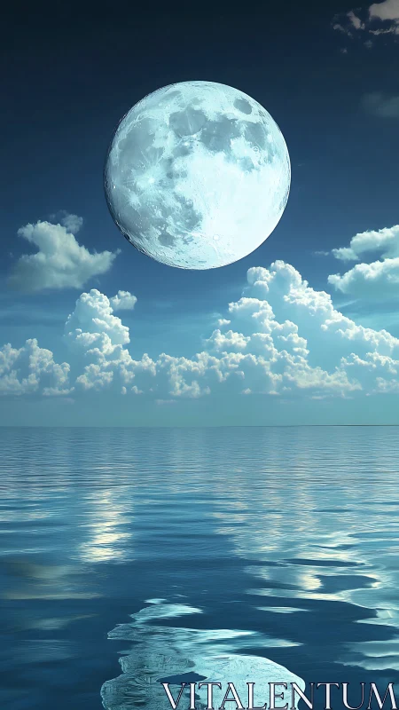 Gentle giant moon drifting above a silver blue sea.