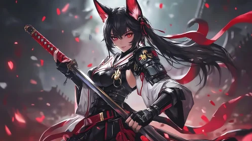 Foxblade samurai girl poised in crimson storm of petals.