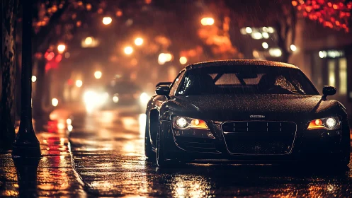 Black sports coupe on wet night street under rainlit lamps.