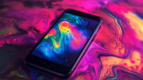 Vibrant Fluid Dynamics Rendered on Mobile Display Screen.