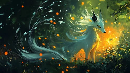 Mystic fox spirit with luminous tails in forest glow.