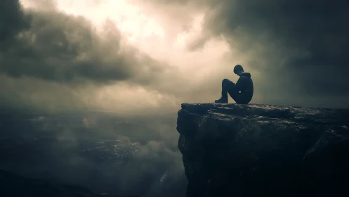Solitary thinker perched on a storm-darkened cliff edge.
