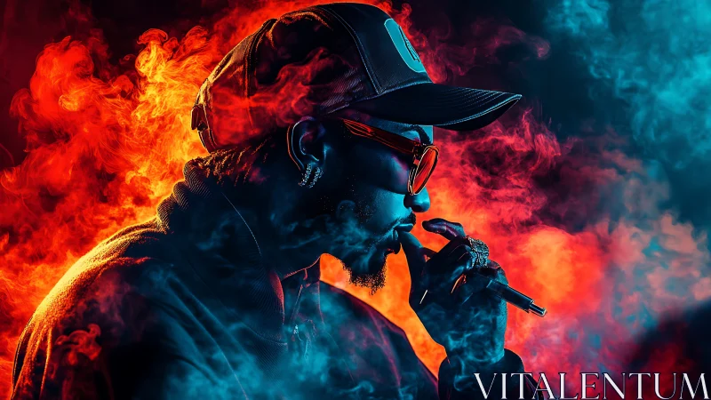 Hip hop artist vaping in bold red and blue smoke portrait.